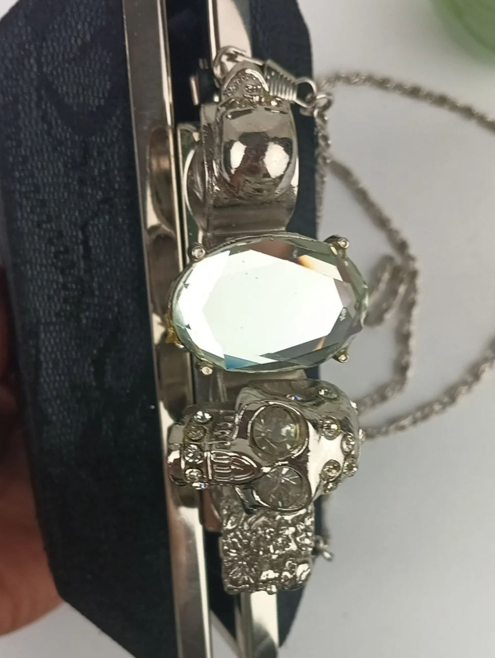 Women’s Black Lace Hard Shell Knuckle Duster Clutch with Silver Skull Detail